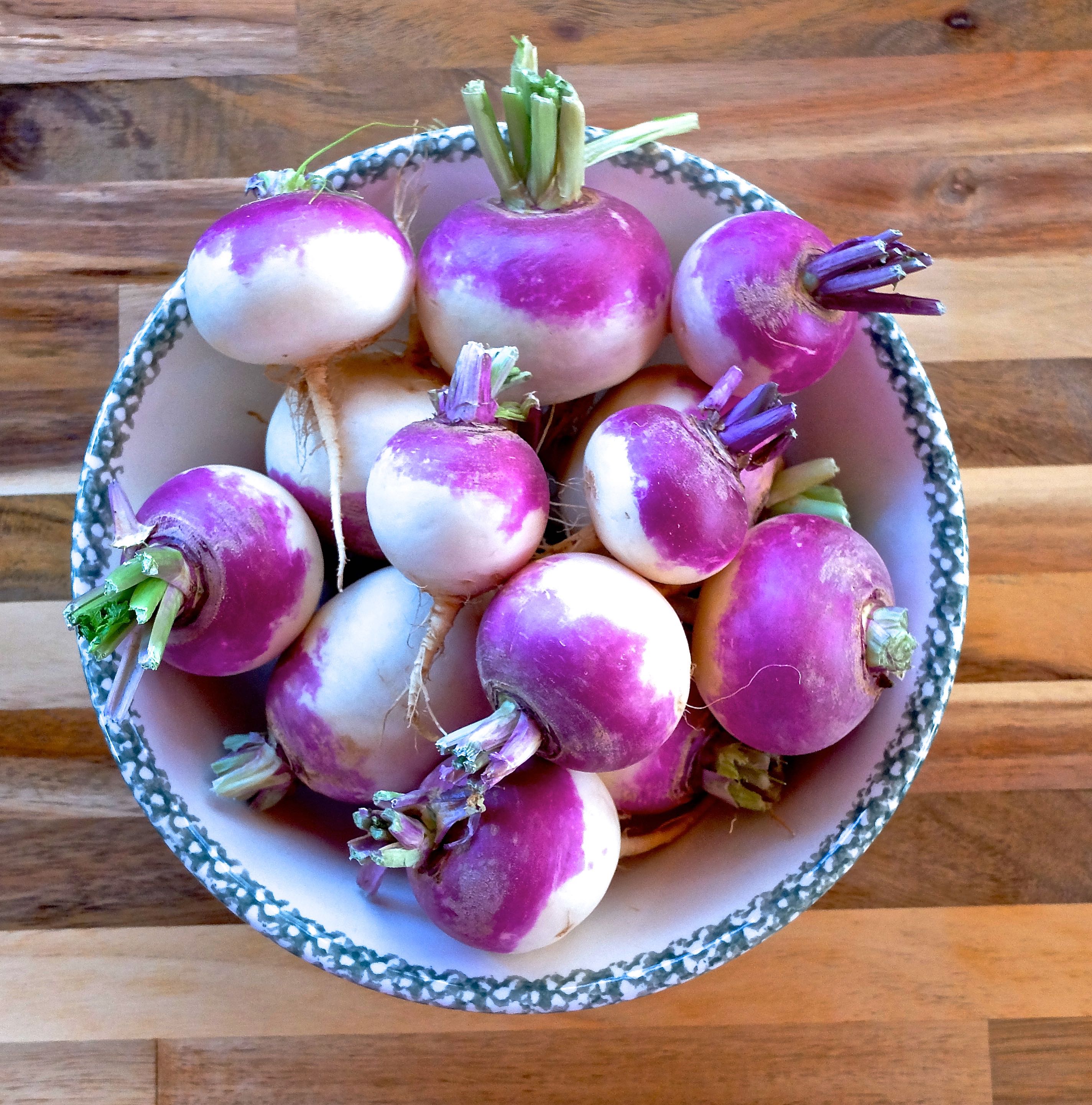 Start with 3-5 pounds of fresh produce, such as these turnips. 
